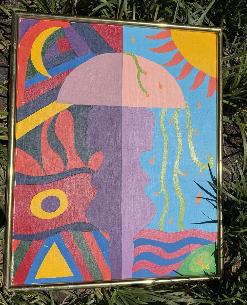 Beautiful Mcm Style Abstract Rorschard Test Painting Painted By k 1990 31” X 25”